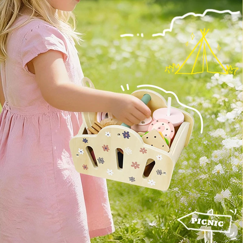 Wooden Picnic Pretend Play Toys Set with Wooden Storage Basket Educational Simulation Food Cooking Game for Kids 2 Years Gift