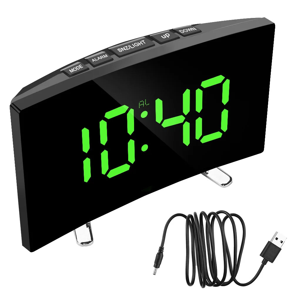 Desktop Clock 7 Inch For Kids Bedroom LED Screen Large Number Table Clock Digital Alarm Clock Curved Dimmable Mirror Clock
