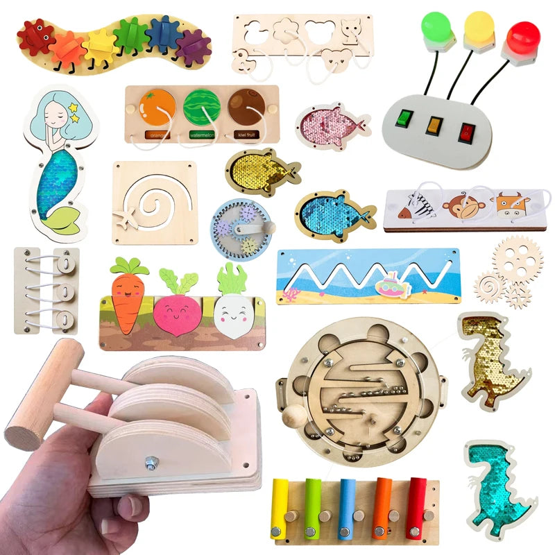 Kindergarten Montessori Busy Board  Accessories Caterpillar Gear LED Lamp Bell Roller Counting Bead Wall Toy Educational Toy