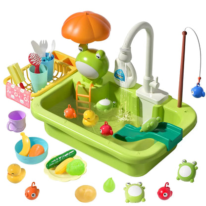 Kids Electric Kitchen Sink Toys with Running Water, Pretend Play Dishwasher & Fishing Toys, Educational Role Play Gift for Girls