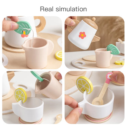 Kids Pretend Play Toys Popular Kids Kitchen Toys Realistic Wooden Tea Set Party Toy Set
