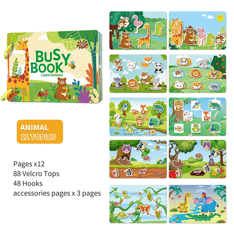 Busy Book for Kids Toddlers Ages 3-6 Montessori Quiet Book Preschool Learning Activity Books Reusable Sticker & Velcro Matching