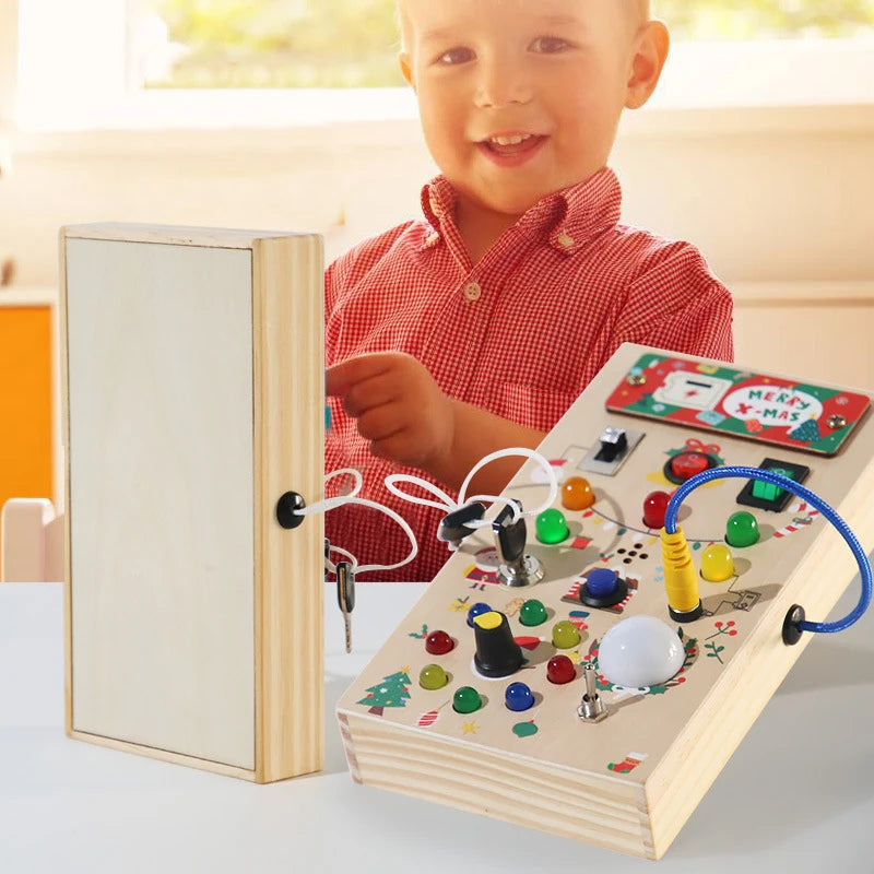 Wooden Interactive Learning Toy with LED Light Busy Board Button Switch Early Education Intelligence Play for Kids