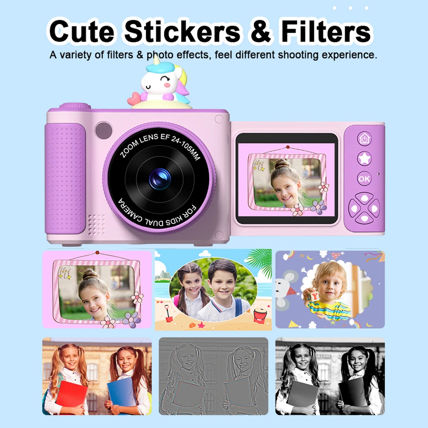 1080P Digital Camera for Kids Digital Video Camera 48MP 2.4 Inch Flip Screen 8X Zoom Telescopic Rotating Lens Gifts for Kids