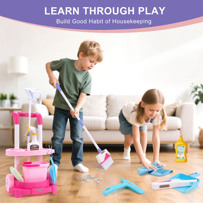 12pcs/set Kids cleaning Set with Handcart Simulated Life Cleaning Toys Pretend Play Hygiene Cleaning Play House Toy Boys&Girls