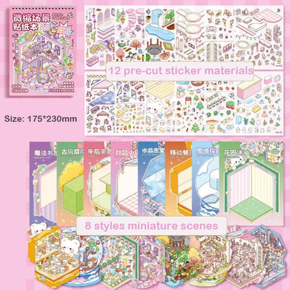 Creative Cartoon 3D Landscape Sticker Book DIY Miniature House Cabin Scene Pocket Sticker PET Sticker Cabin Scene for Kids