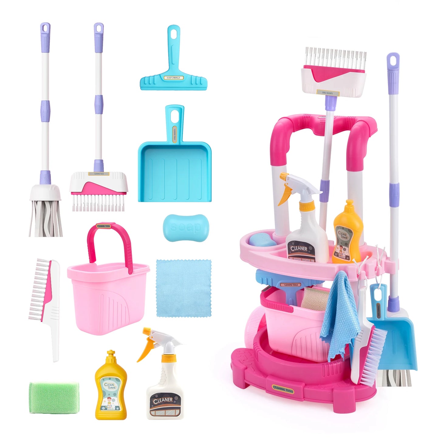 12pcs/set Kids cleaning Set with Handcart Simulated Life Cleaning Toys Pretend Play Hygiene Cleaning Play House Toy Boys&Girls