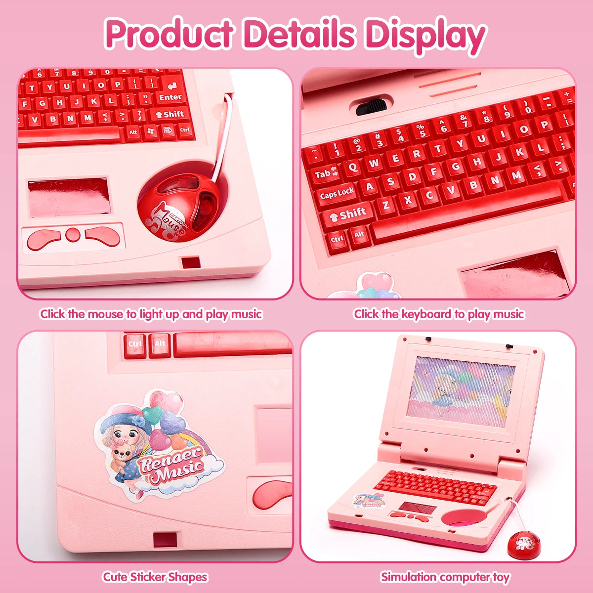 Pink Kids Learning Laptop Toy – Interactive Educational Computer with Music, Lights & Mouse for Early Development