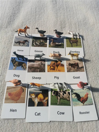 Montessori Toys Wooden Learning Tablet with Chalks Divided Trays Simulation Animals Matched English Study Cards