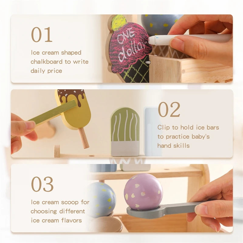 Wooden Ice Cream Toys Pretend Play Simulation Montessori Ice-cream Cone Kitchen Food Toys Preschool Educational for Kids Gifts