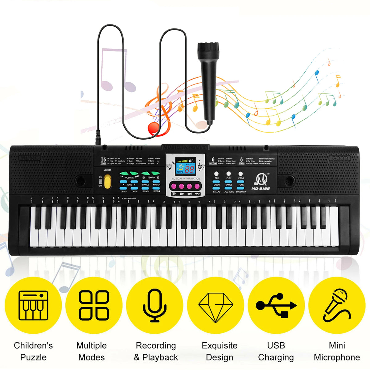 61 Keys Digital Music Electronic Keyboard Kids Electric Piano for Piano Student with Microphone Function Musical Instrument