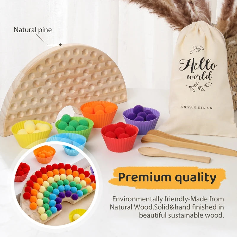 Children Fine Motor Skills Learning Counting Rainbow Pompoms Sorting Games Montessori Early Education Toy with Tweezers For Kids
