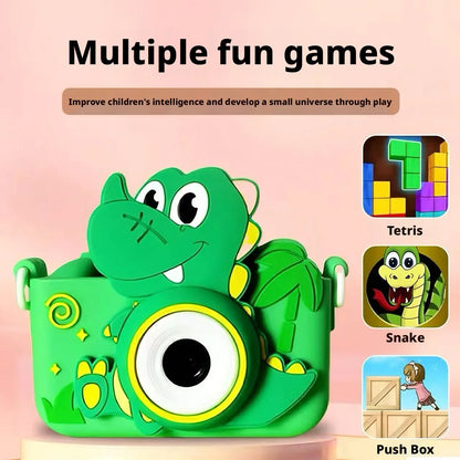 Dual Lens Kids Digital Camera Cartoon Green Dinosaur HD Shooting Video Recording 128G Portable Toy Camera Children Birthday Gift