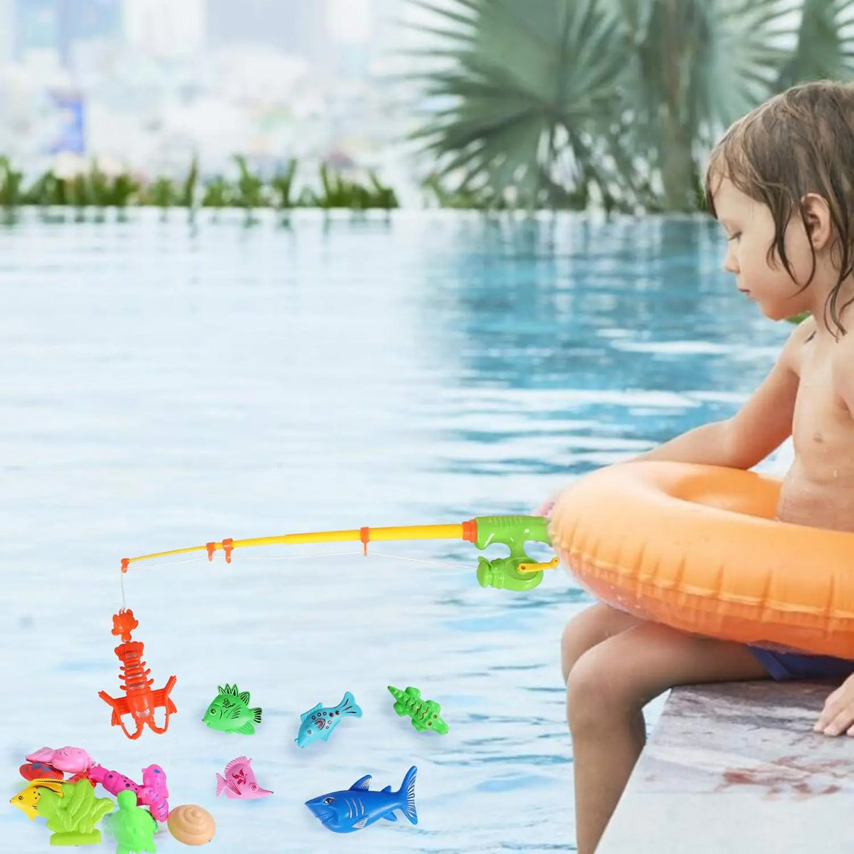 Kids Fishing Toy Set Play Water Toys for Baby Magnetic Rod and Fish with Inflatable Pool Outdoor Sport Puzzle Toys for Children