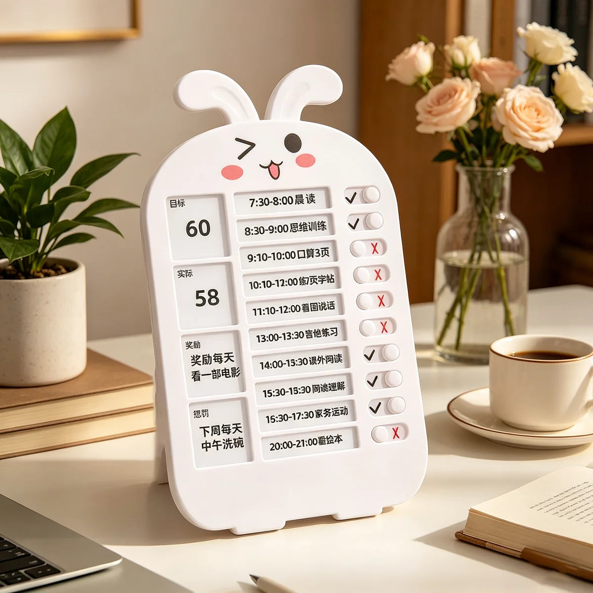 Kids Routine Chart with Sliding Buttons, Bunny Habit Tracker for School Home