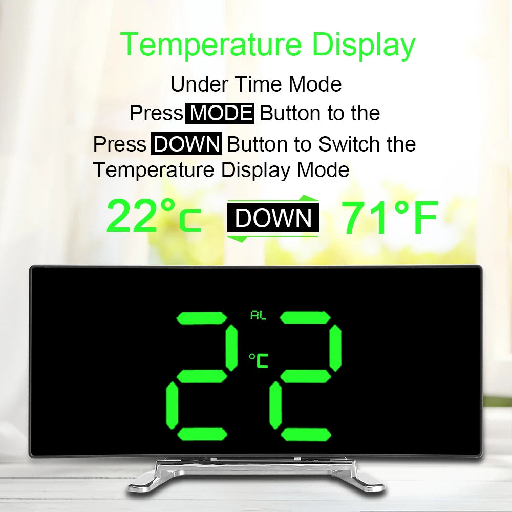 Desktop Clock 7 Inch For Kids Bedroom LED Screen Large Number Table Clock Digital Alarm Clock Curved Dimmable Mirror Clock